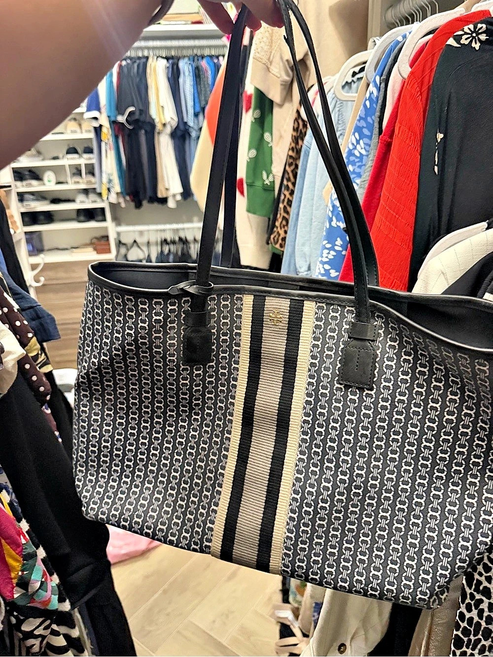 Tory Burch Gemini Link Black Gray Stripe Large Tote Bag